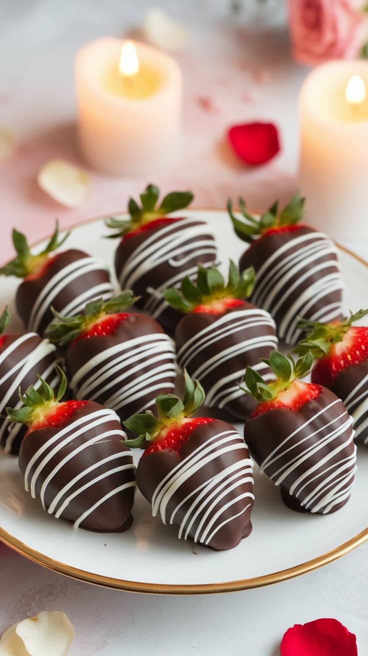 A plate of elegant Chocolate Covered Strawberries with a romantic ambiance, ideal for Valentine